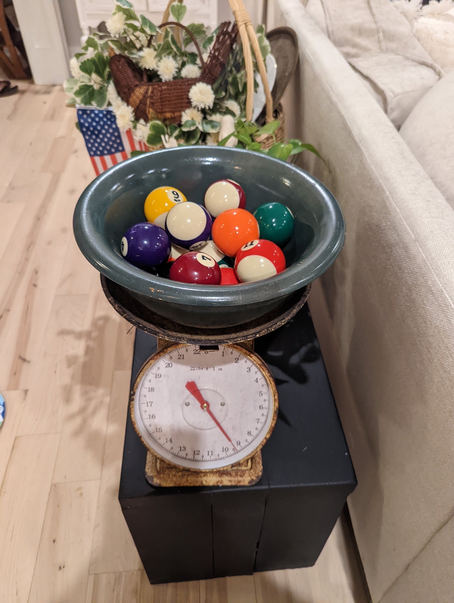 Pool Balls in Vintage Green Wooden Bowl