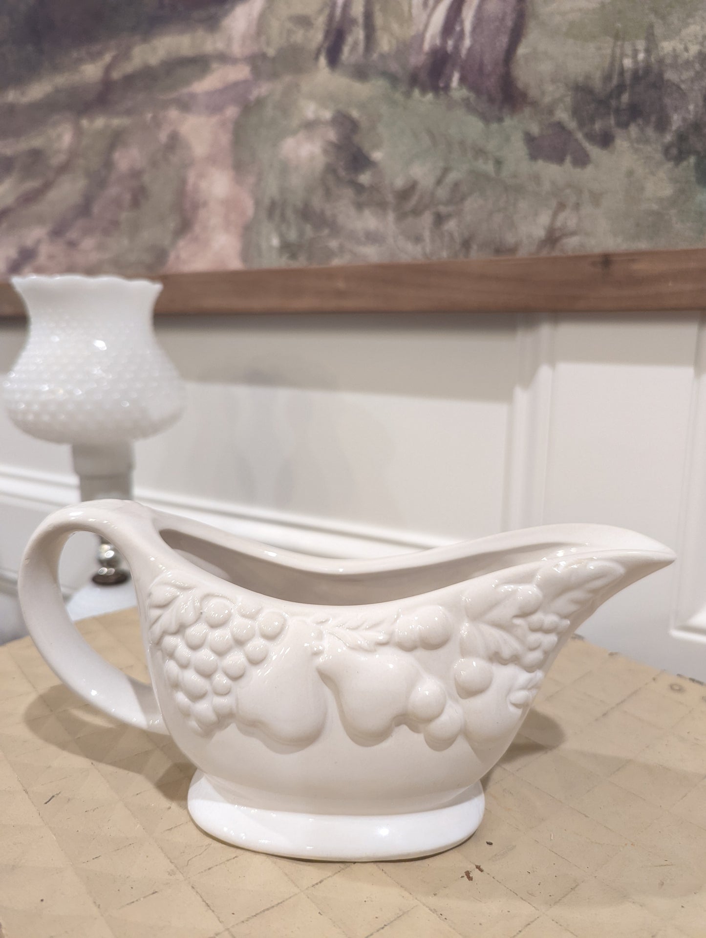White Gravy Boat with Fruit Pattern