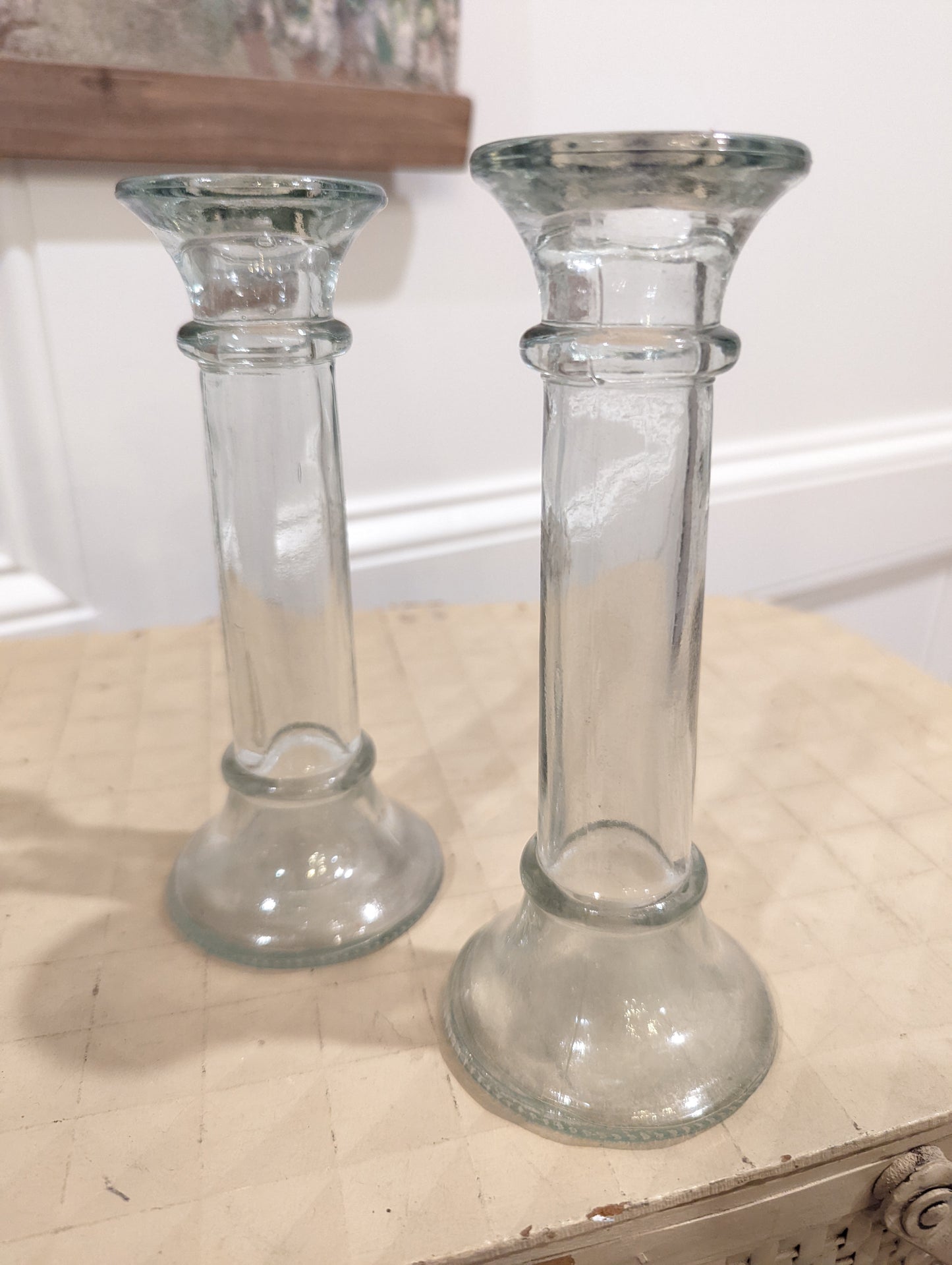 Vintage Pair of clear glass Pillar Style candle holders or Bud Vases (Set of 2)