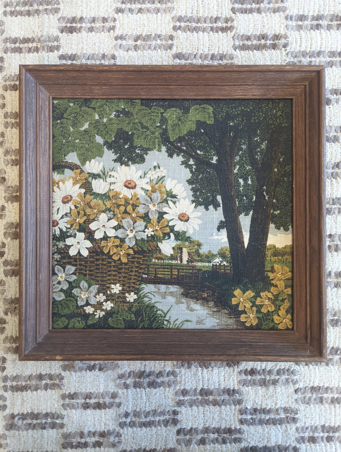 Vintage Kay Dee Floral Linen Print in Wood Frame 16x16