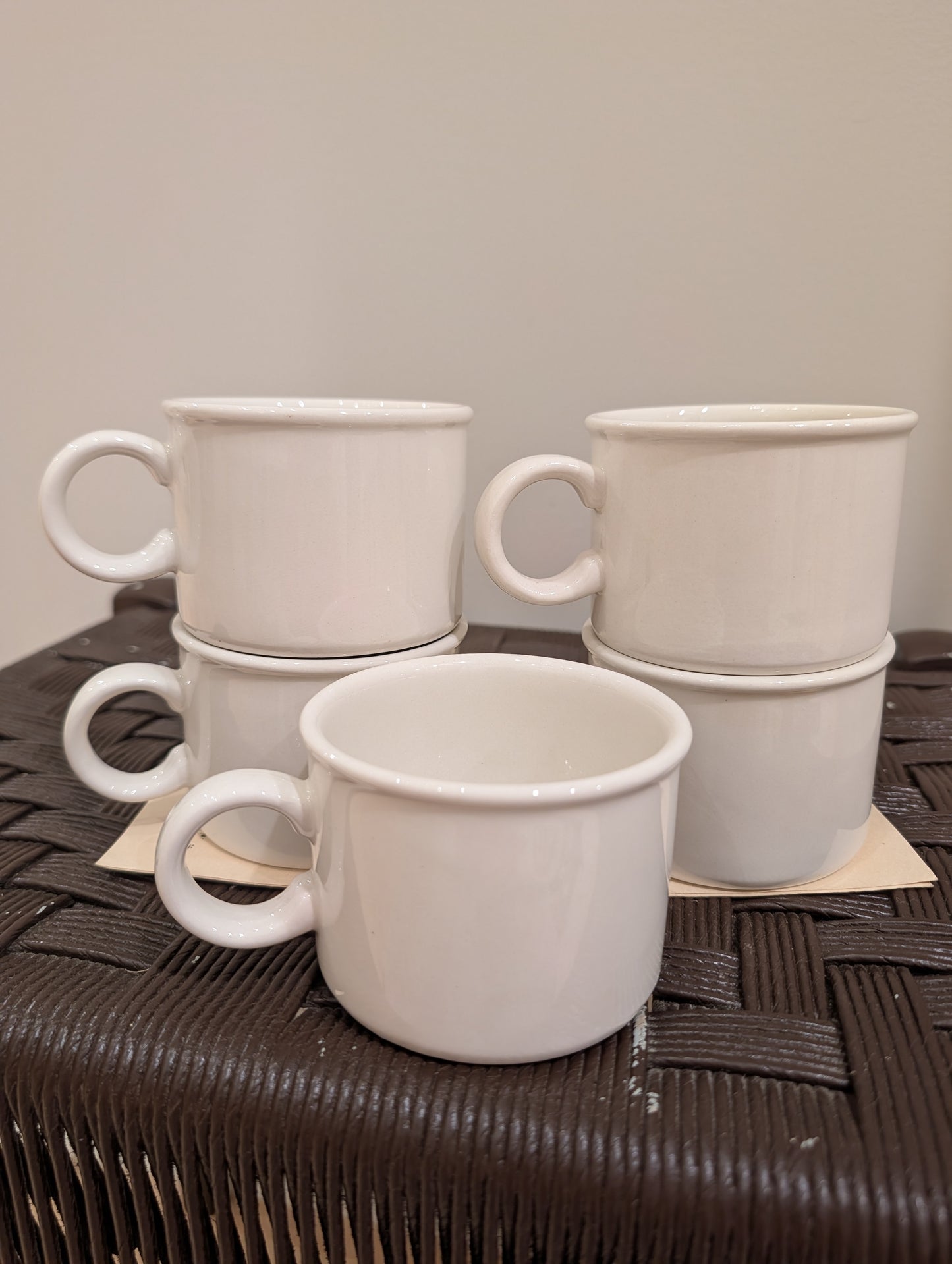 5 vintage Midwinter Stonehenge White stackable mugs. Crafted in England