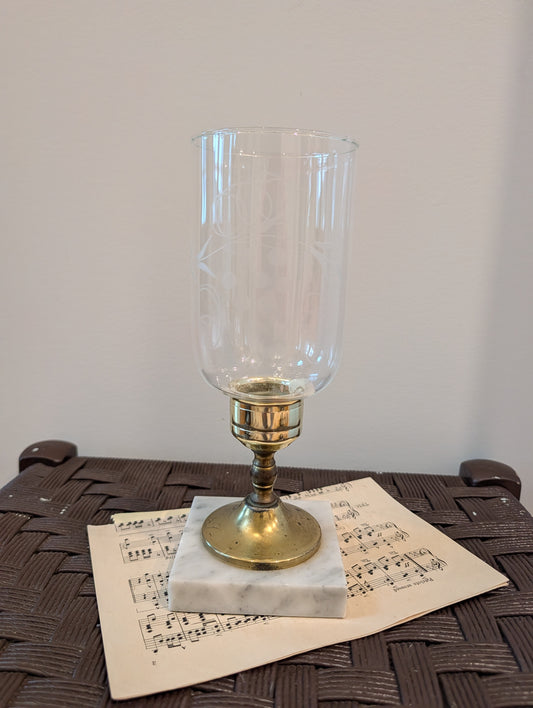 Vintage Brass & Etched Glass Hurricane Candle Holder with Marble Base