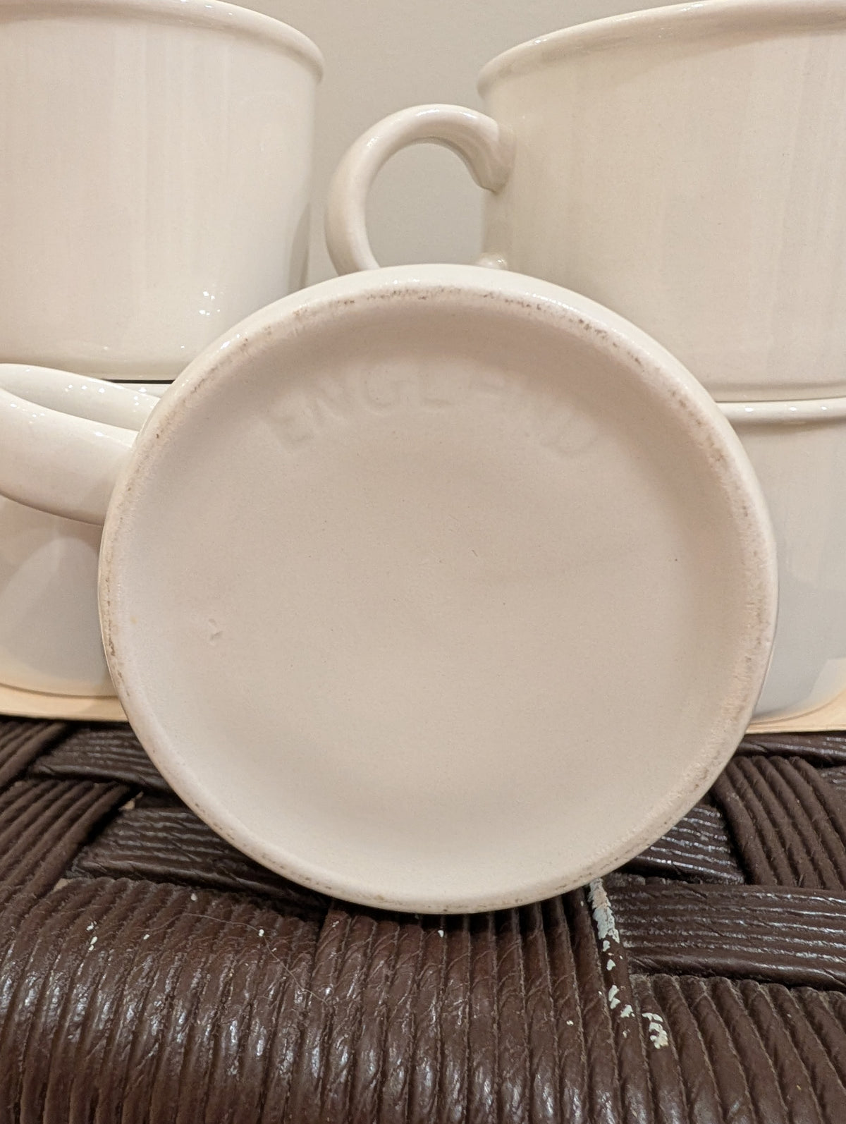 5 vintage Midwinter Stonehenge White stackable mugs. Crafted in England