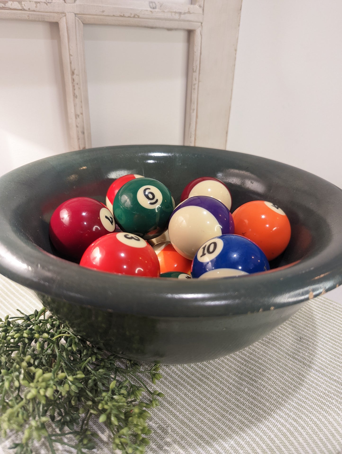 Pool Balls in Vintage Green Wooden Bowl