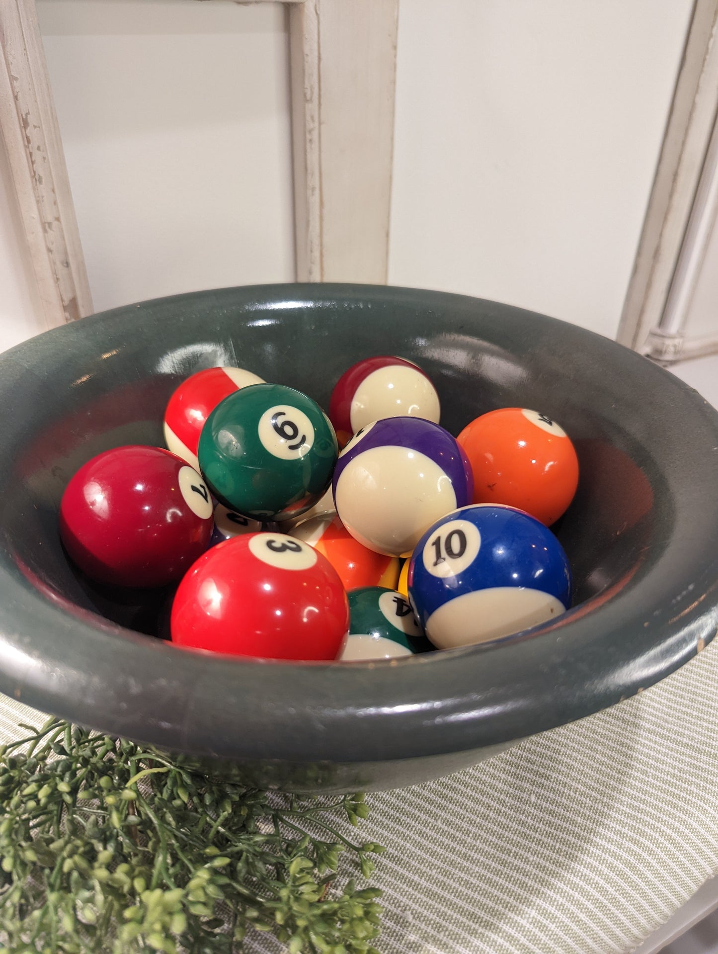 Pool Balls in Vintage Green Wooden Bowl