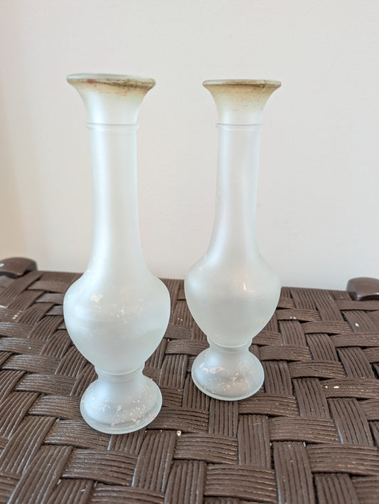 Vintage frosted white satin glass bud vases