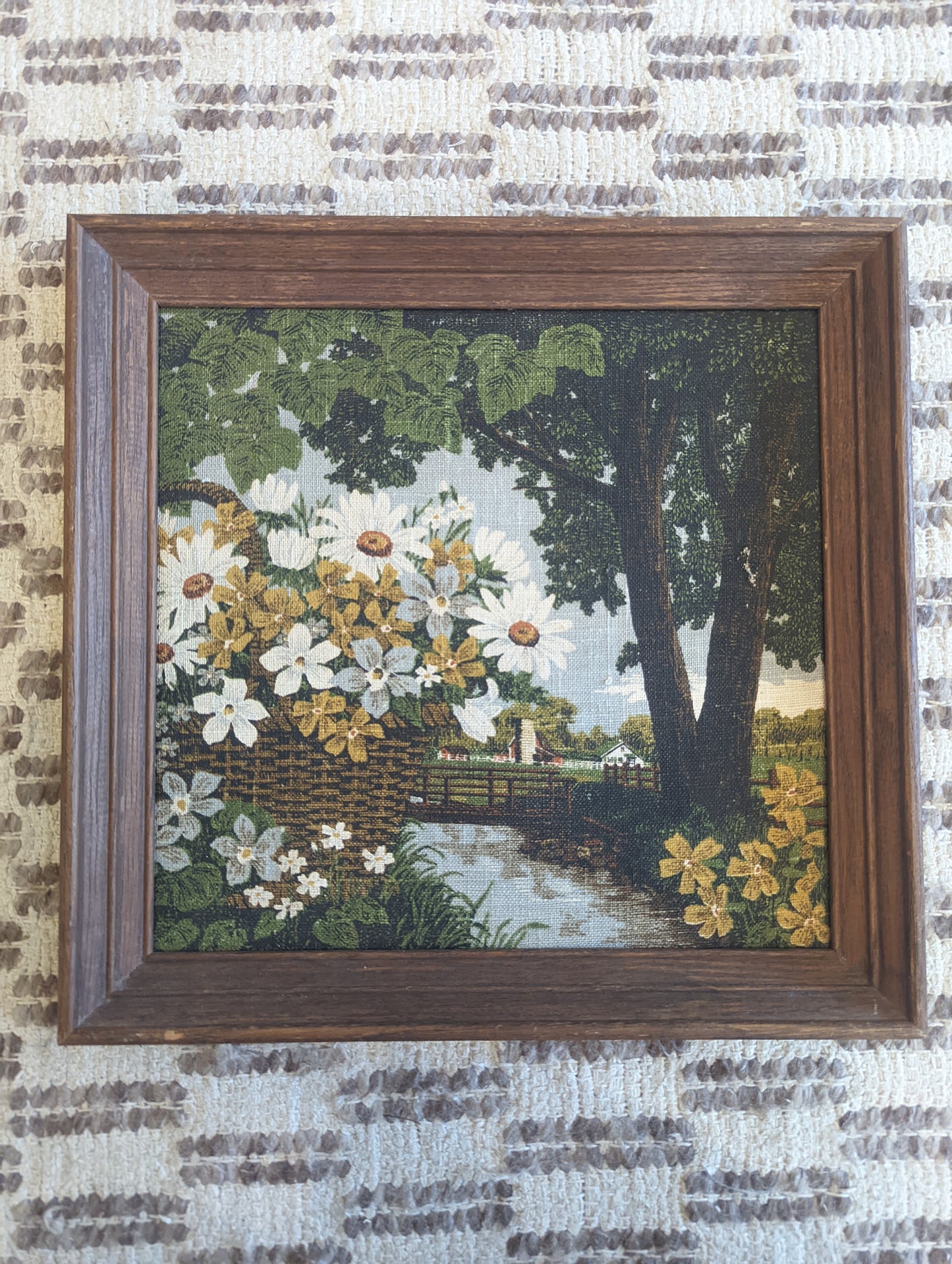 Vintage Kay Dee Floral Linen Print in Wood Frame 16x16
