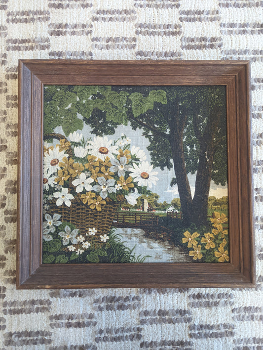 Vintage Kay Dee Floral Linen Print in Wood Frame 16x16