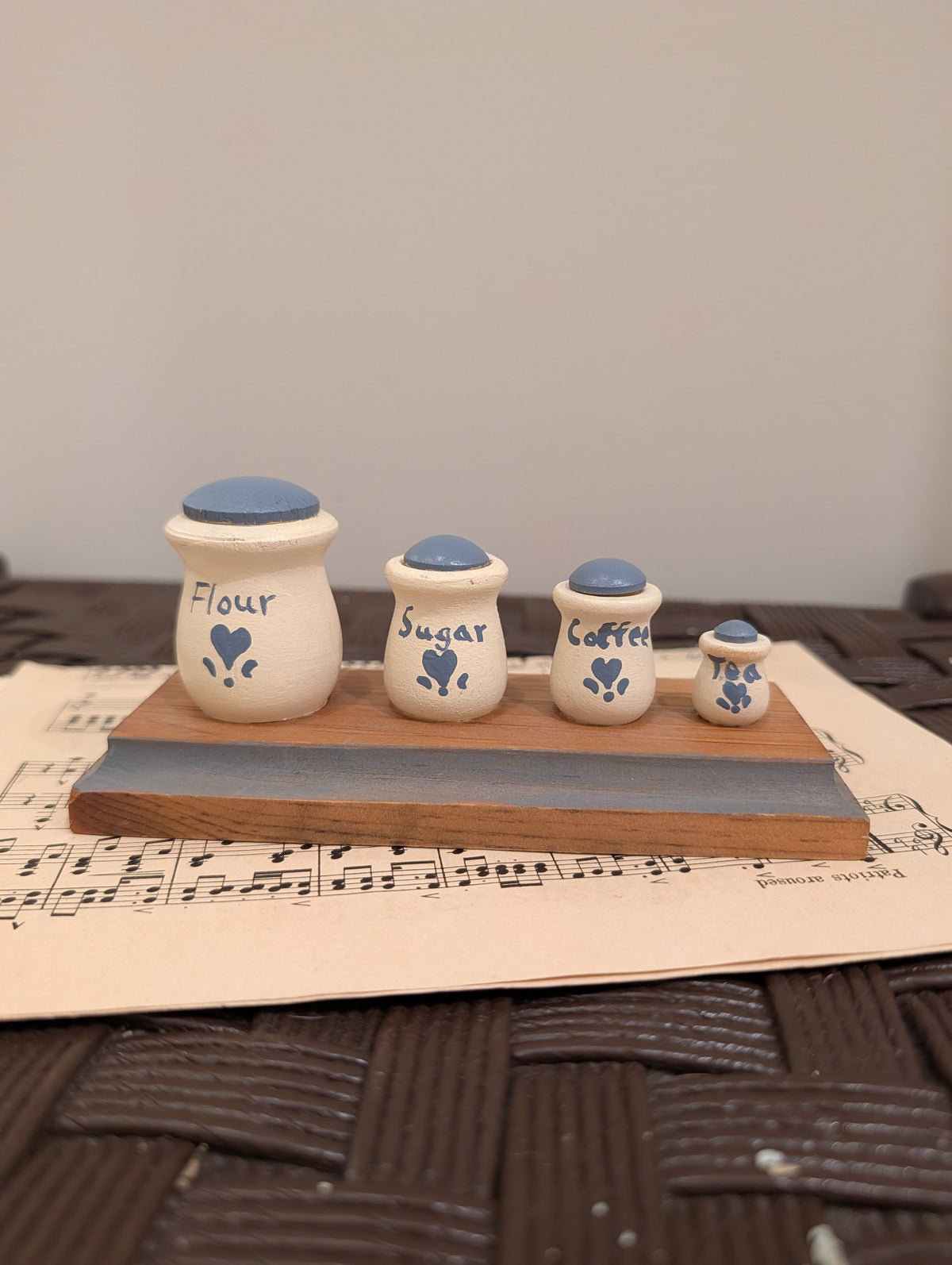 Vintage-Style Hand-Painted Miniature Country Kitchen Canister Set on Wooden Display Stand
