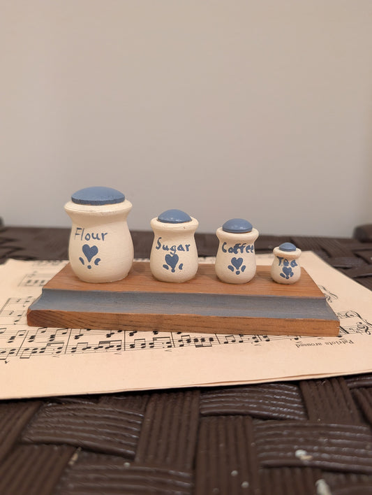Vintage-Style Hand-Painted Miniature Country Kitchen Canister Set on Wooden Display Stand
