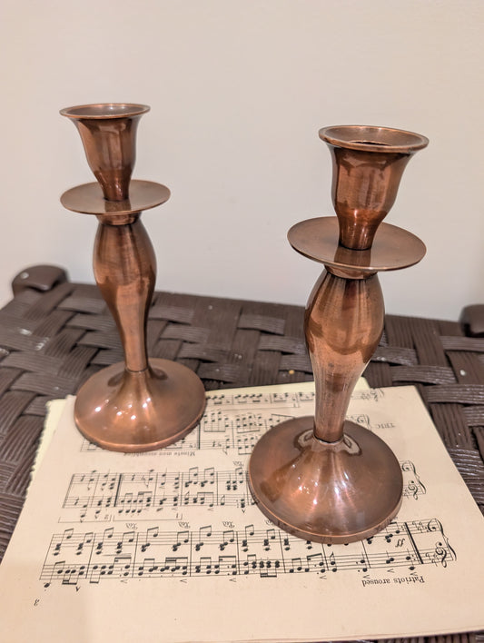 Vintage Copper-Plated Baluster Candlesticks | Pair of Warm Metal Taper Candle Holders
