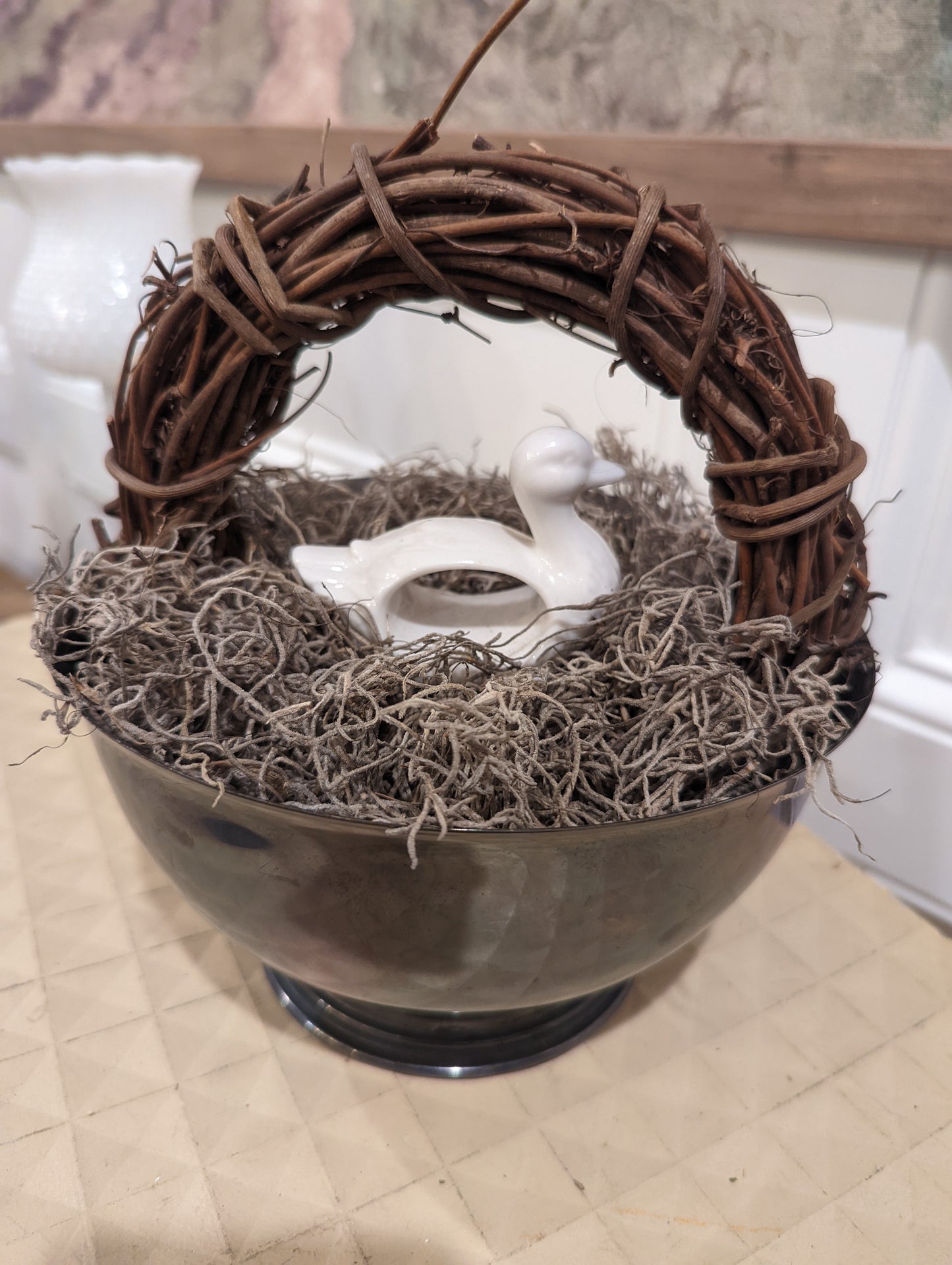 Silver Bowl with Twine Wreath, Duck and Moss