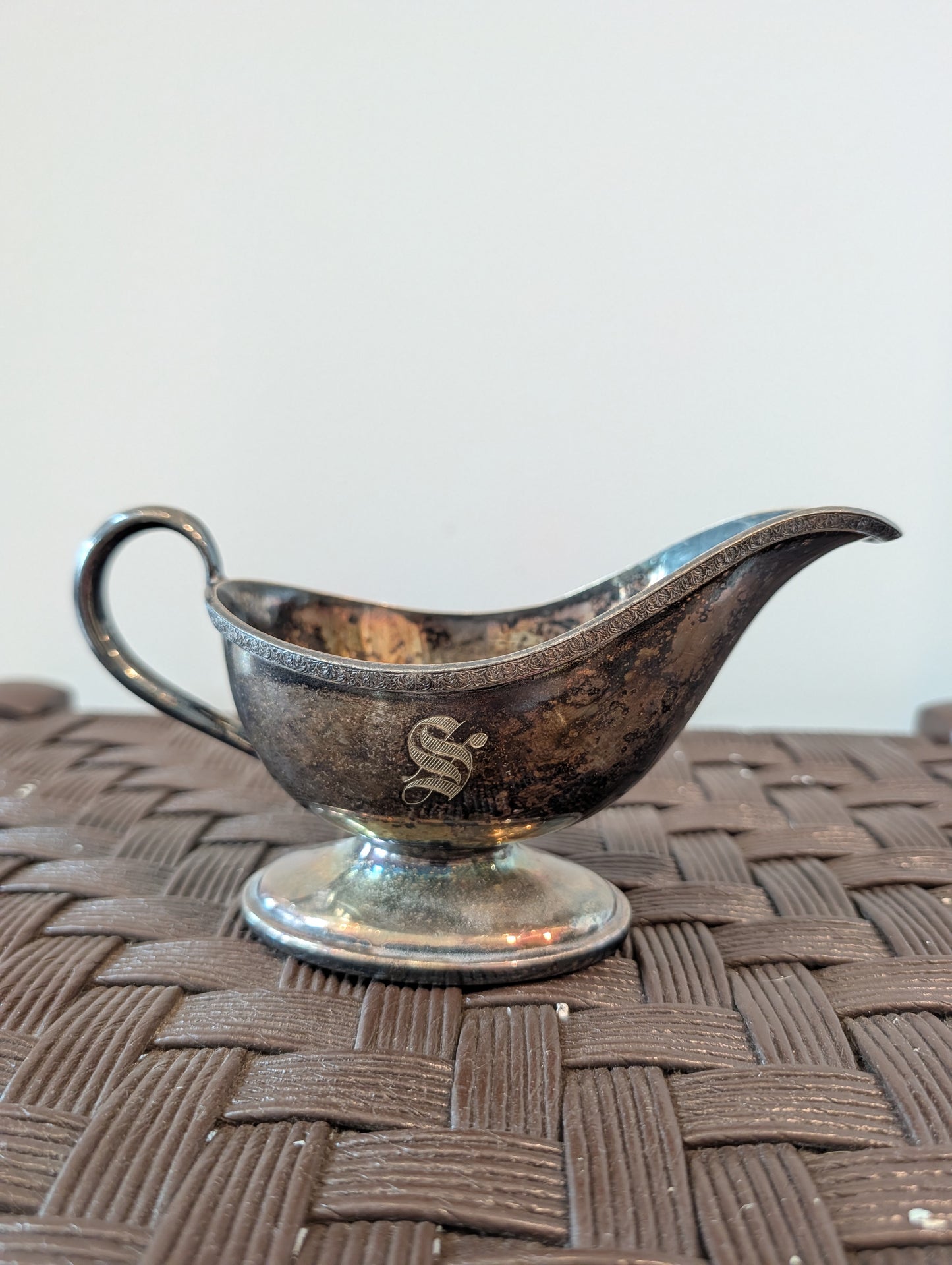 Vintage Monogrammed Silver-Plated Gravy Boat
