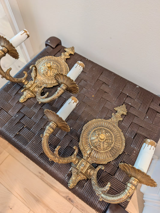 Vintage French Empire Style Ornate Brass 2-Light Wall Sconces