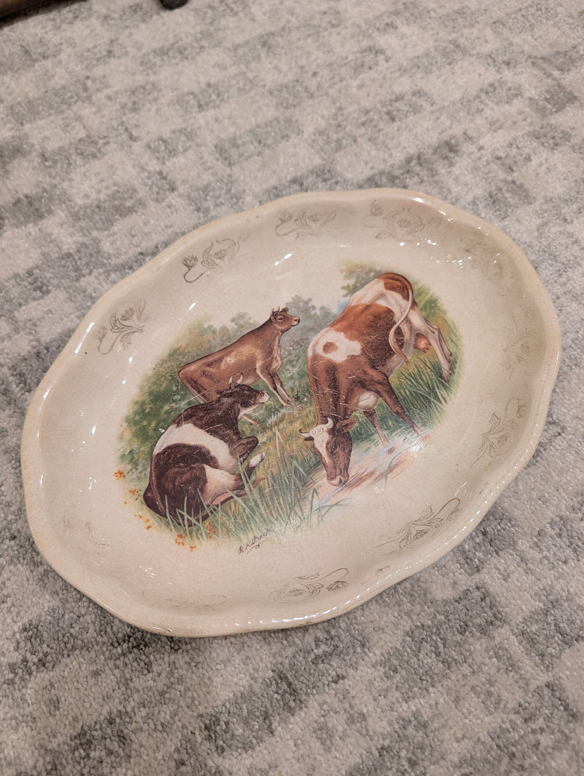 Antique Vintage R.K. Beck Pastoral Cows Oval Porcelain Platter – Scalloped Edge