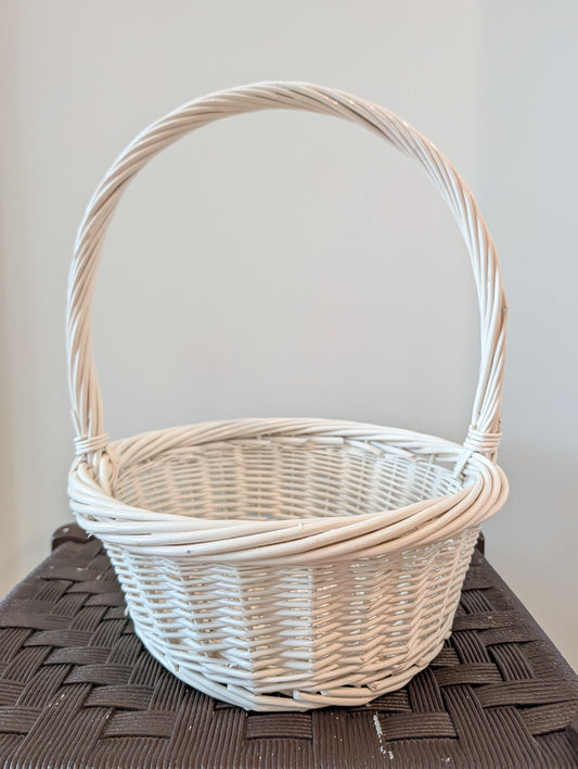 Charming White Woven Wicker Basket with Fixed Handle