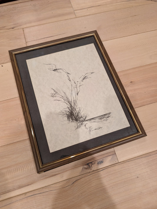 Vintage Minimalist Sketch – Framed Birds in Tall Grass Nature Art