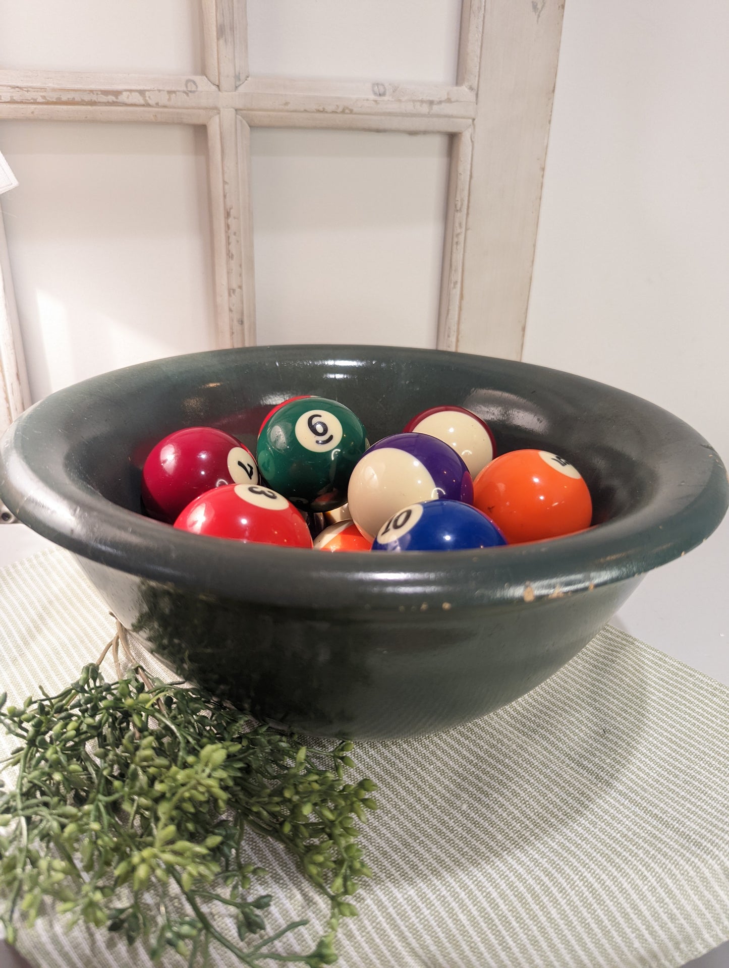 Pool Balls in Vintage Green Wooden Bowl