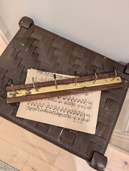 Vintage Industrial Wood & Brass Wall-Mounted Rack