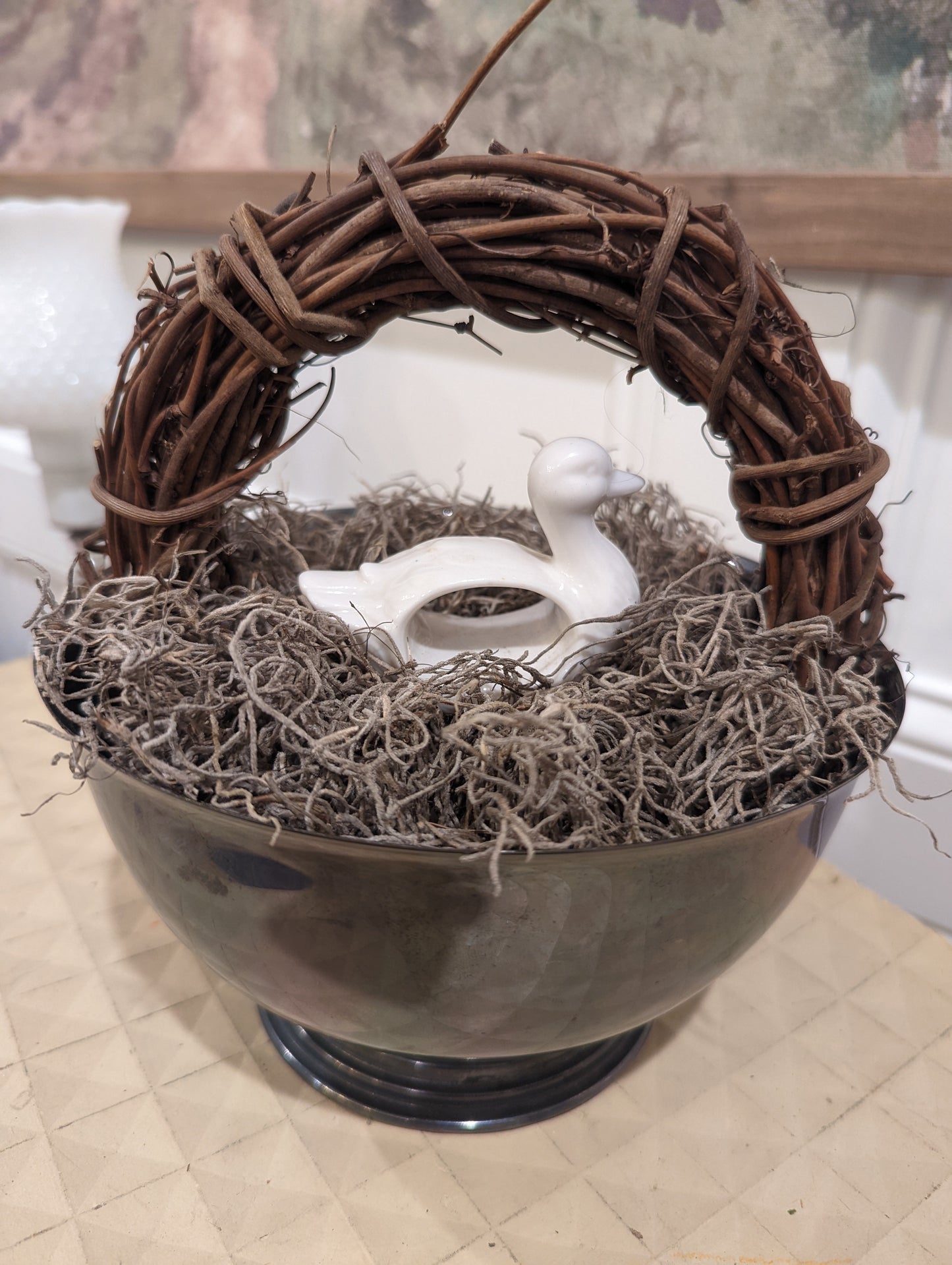 Silver Bowl with Twine Wreath, Duck and Moss