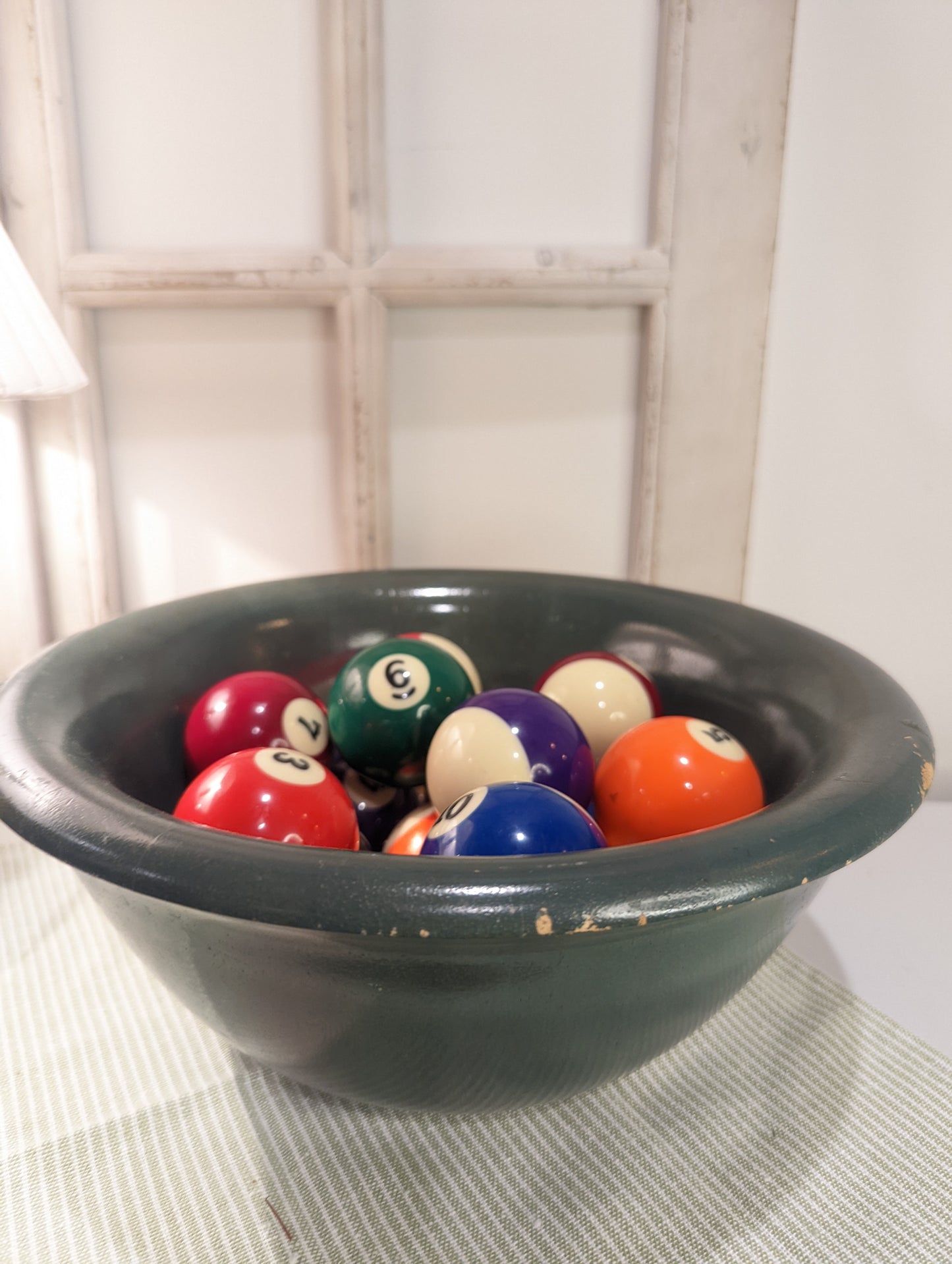 Pool Balls in Vintage Green Wooden Bowl