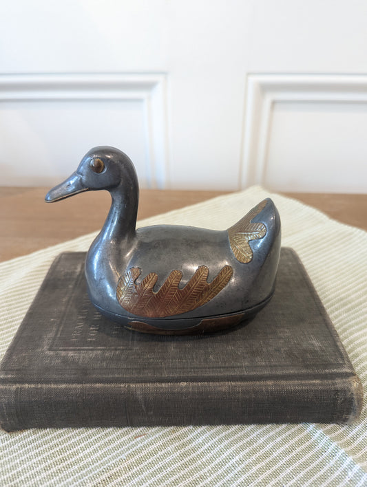 Pewter Dish Shaped Duck, with Brass Feather Details