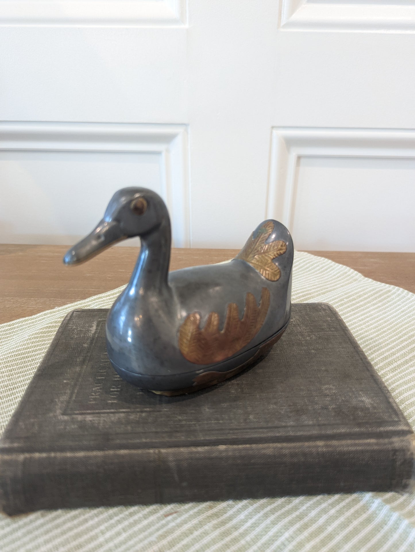 Pewter Dish Shaped Duck, with Brass Feather Details