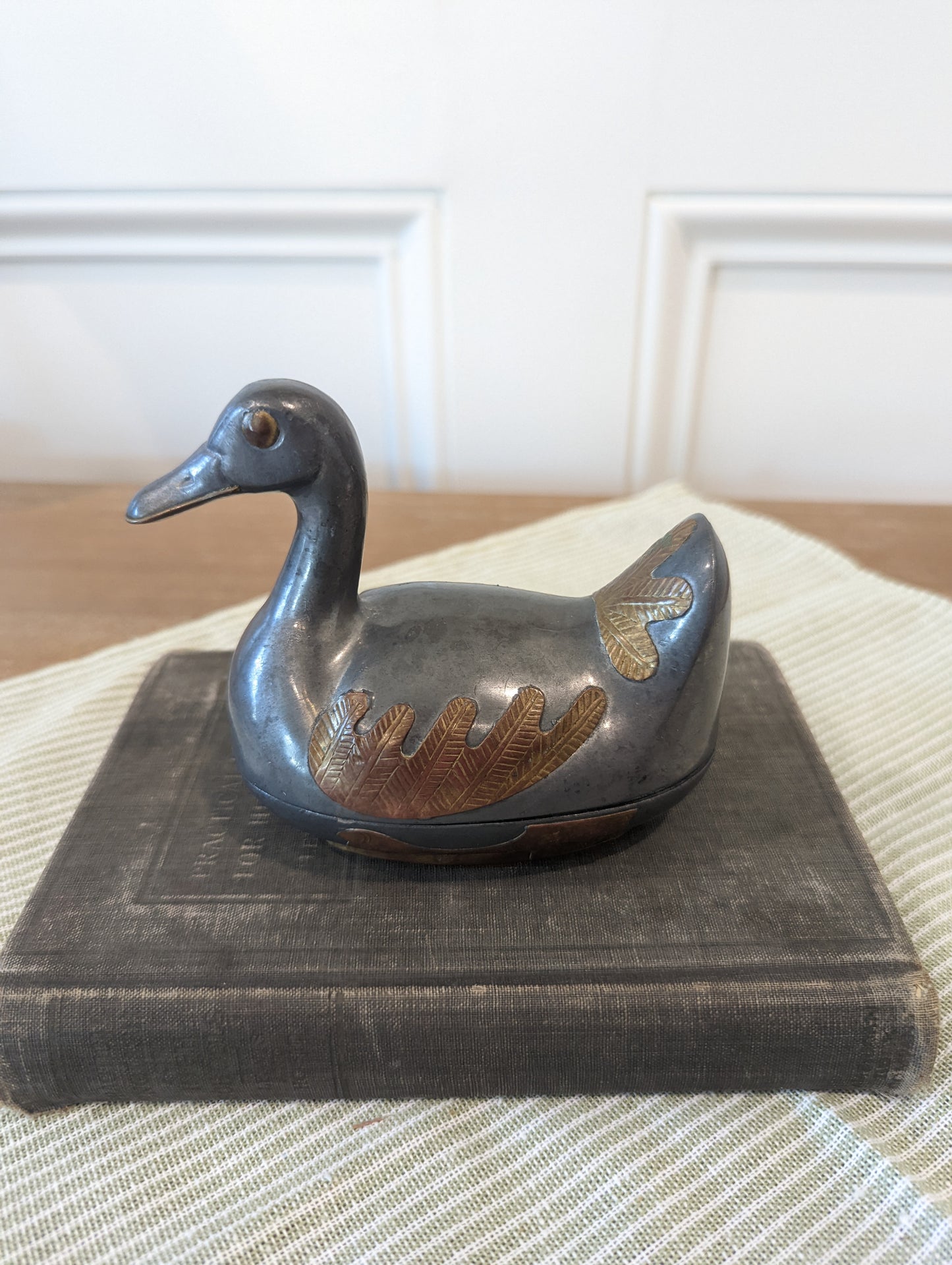 Pewter Dish Shaped Duck, with Brass Feather Details