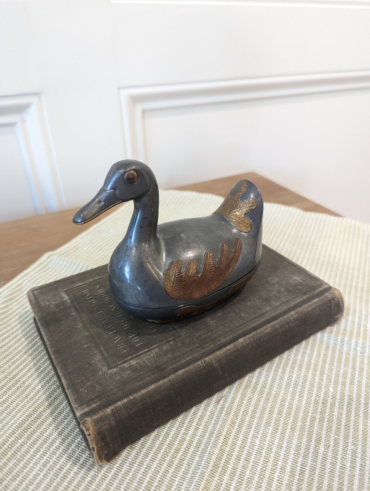 Pewter Dish Shaped Duck, with Brass Feather Details