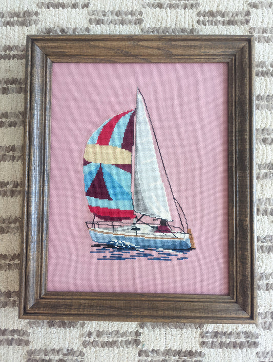 Cross Stitch Sailboat ⛵ in Wood Frame 11x14