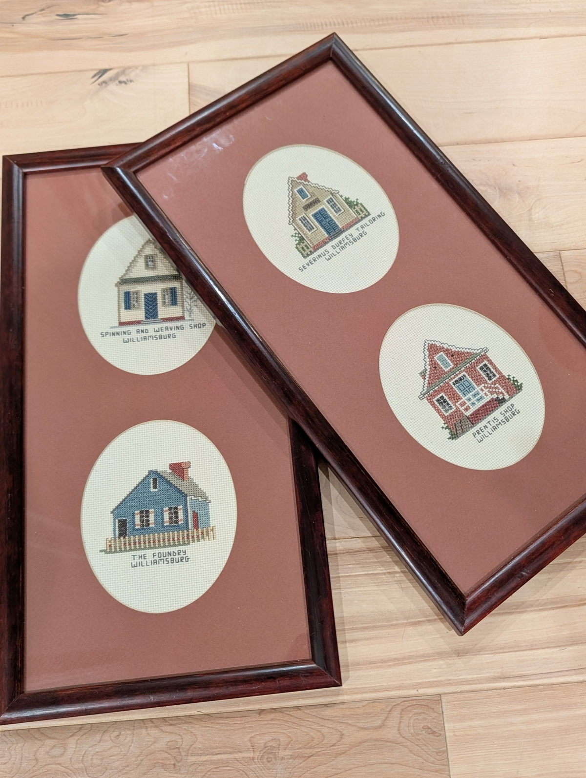 Vintage Colonial Williamsburg Cross-Stitch Framed Wall Art (Set of 2)
