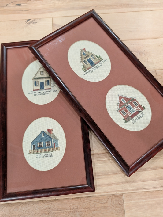 Vintage Colonial Williamsburg Cross-Stitch Framed Wall Art (Set of 2)