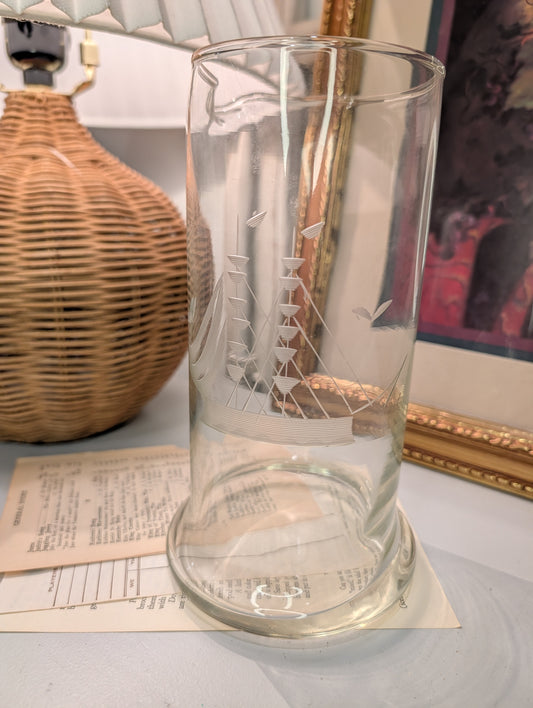 Etched Ship on Glass Pitcher