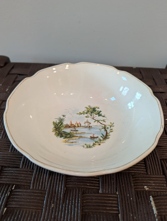 Vintage Scalloped Porcelain Serving Bowl – Pastoral Harbor Scene with Gold Trim