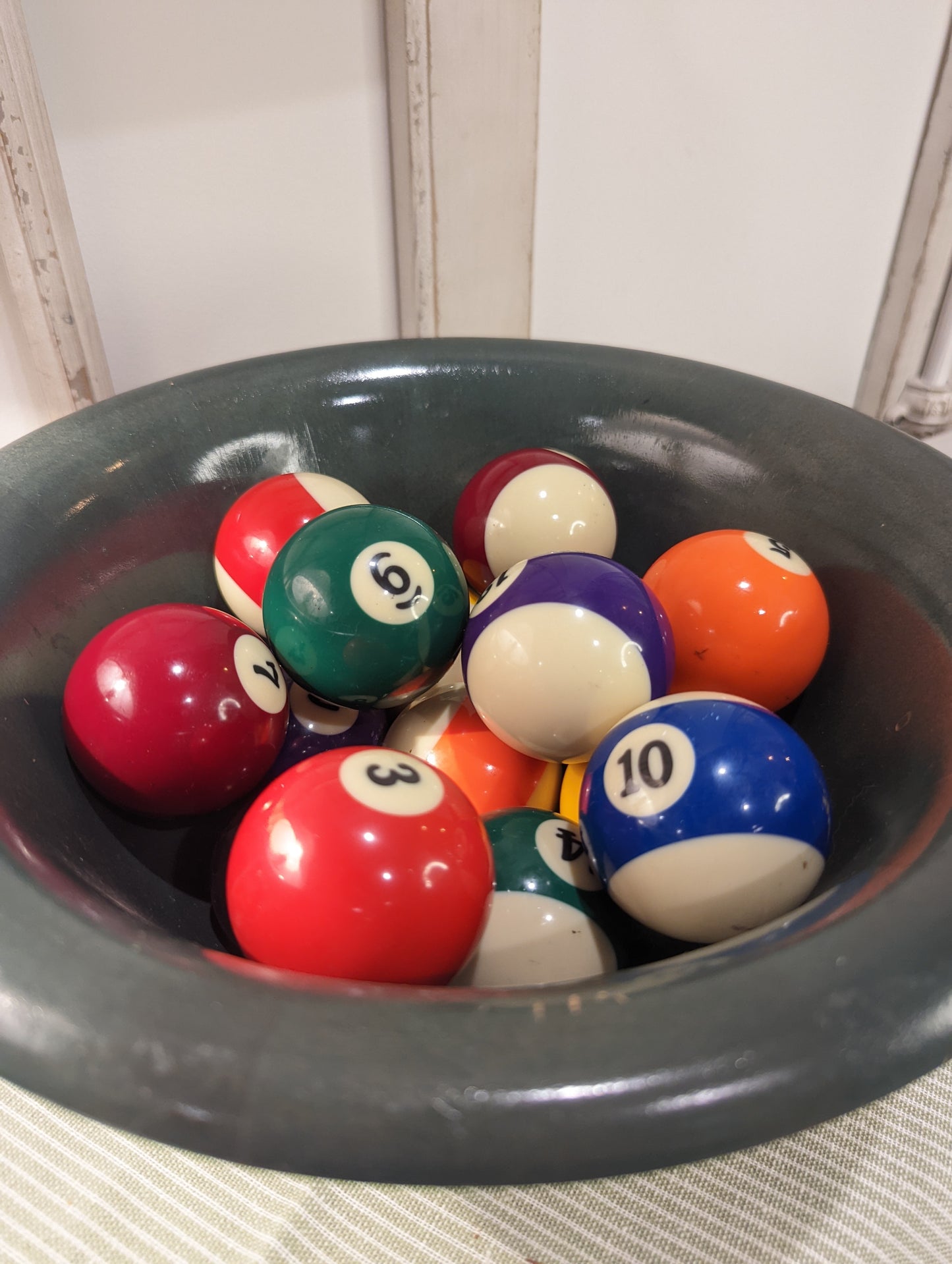 Pool Balls in Vintage Green Wooden Bowl