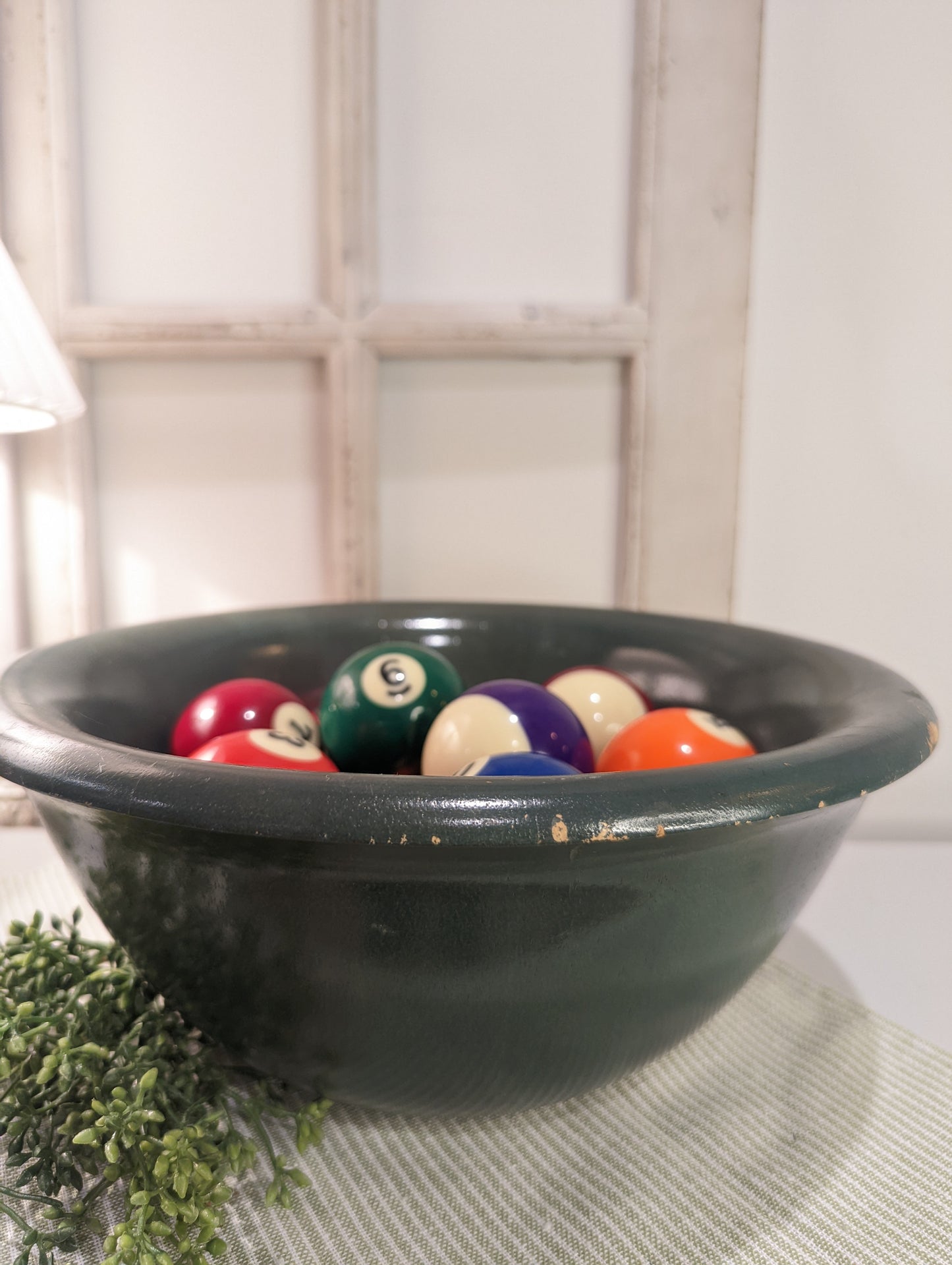 Pool Balls in Vintage Green Wooden Bowl